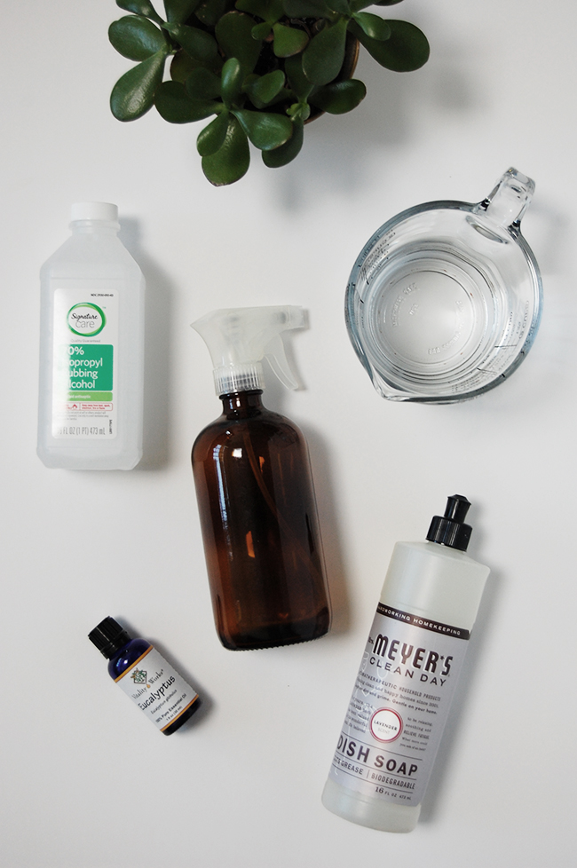 DIY granite countertop cleaner recipe using only dish soap, rubbing alcohol, essential oil, and water