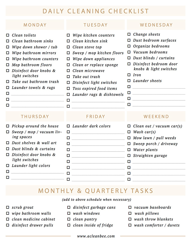 Daily Cleaning Checklist - printable PDF!