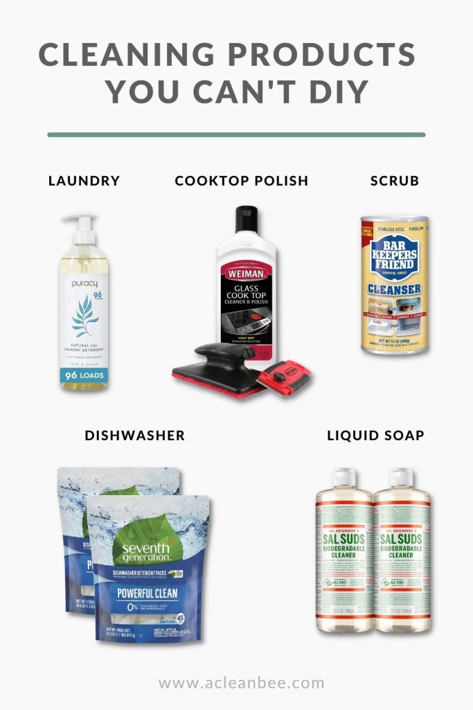 This is a list of commercial cleaning products that simply cannot be replicated in DIY recipes. Cleaning products like laundry detergent, dishwasher detergent, liquid soap, and cooktop polish simply cannot be replicated in natural, gentle, DIY cleaning recipes. At least not at a comparable quality or efficacy! 
