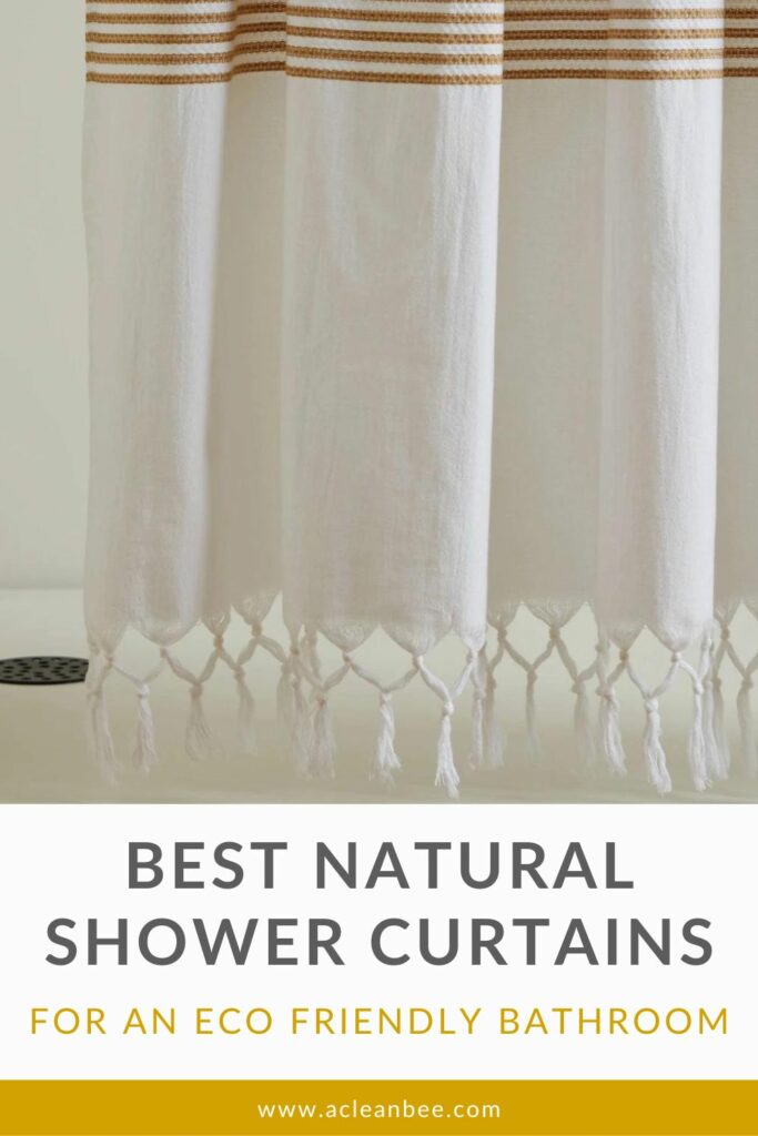 Parachute natural shower curtain in a bathroom with text overlay Best Natural Shower Curtians for an Eco Friendly Bathroom - Natural Shower Curtains