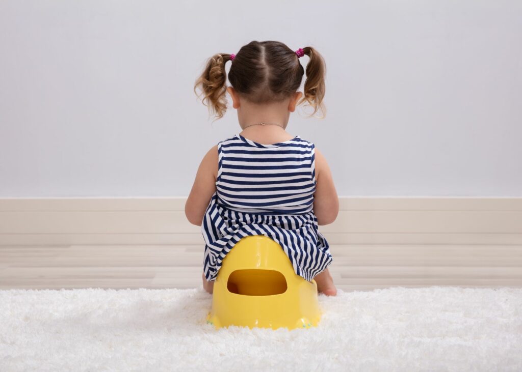 Rear view of a toddler sitting on a potty chair - How to Clean a Toddler Potty Chair 