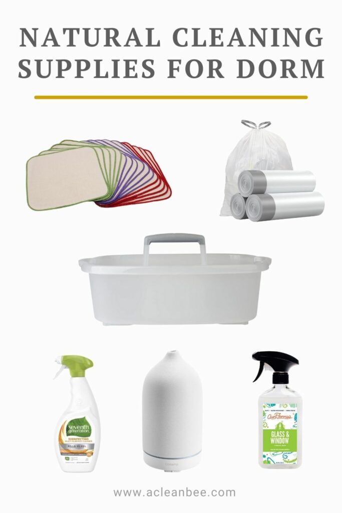 Cleaning Supplies for Dorm room with text overlay Natural Cleaning Supplies for Dorm