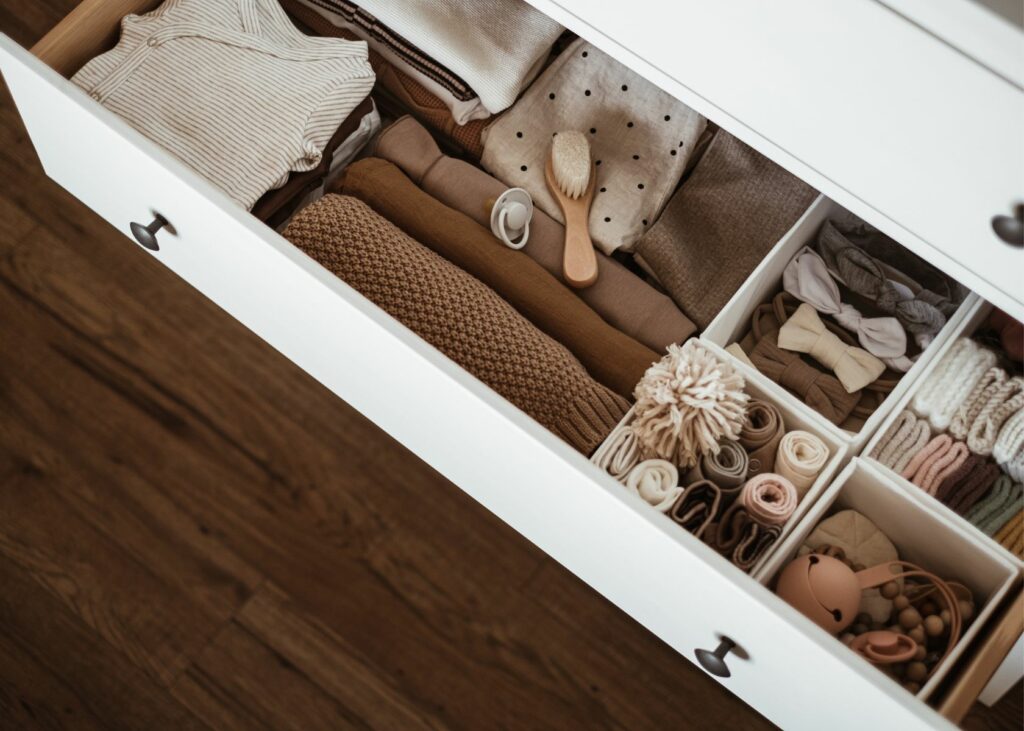 Baby clothes and accessories in a baby dresser - How to Organize a Baby Dresser 