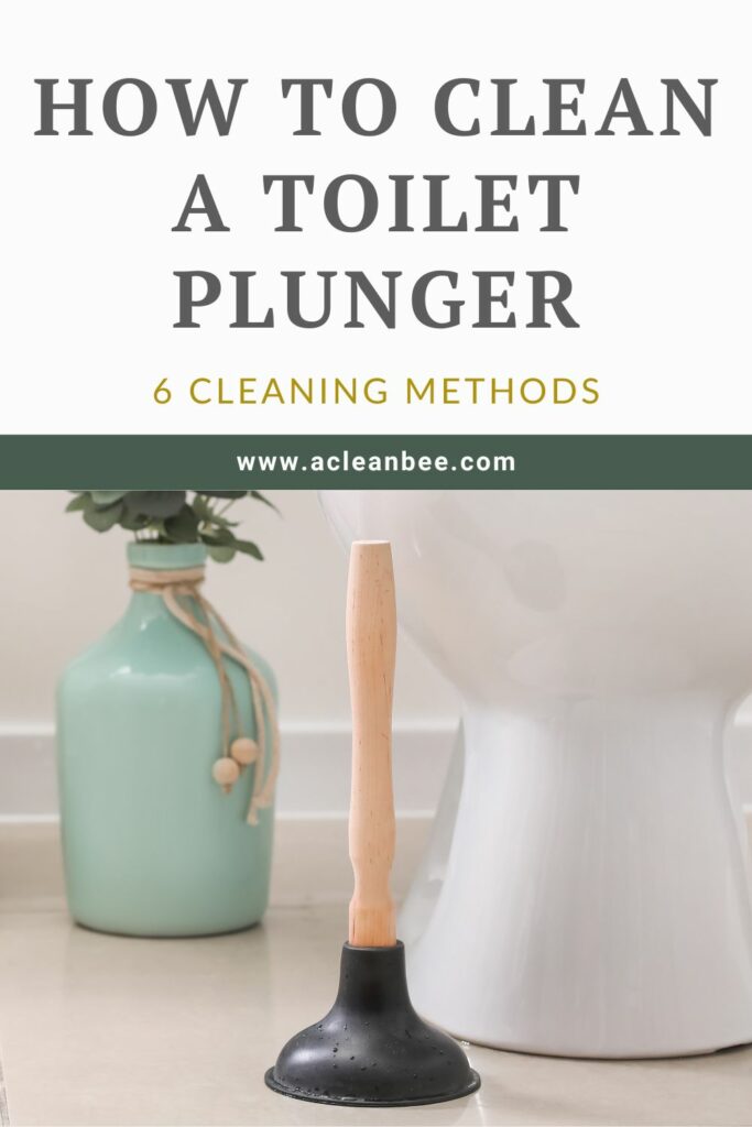 Toilet plunge beside toilet bowl in a bathroom with text overlay How to Clean a Toilet Plunger 6 Cleaning Methods