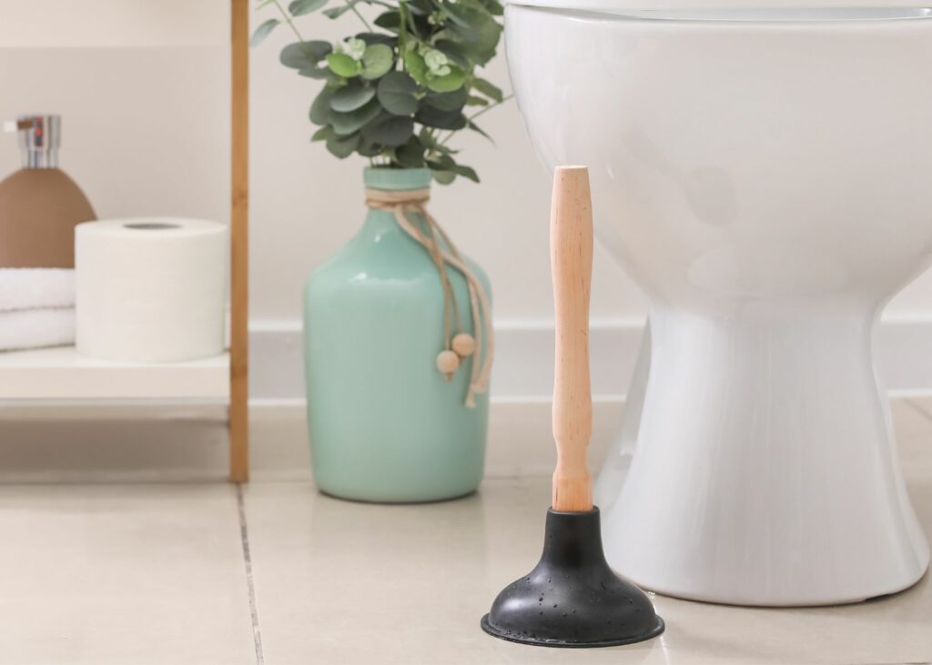 Toilet plunger near toilet bowl in the bathroom - How to Clean a Toilet Plunger