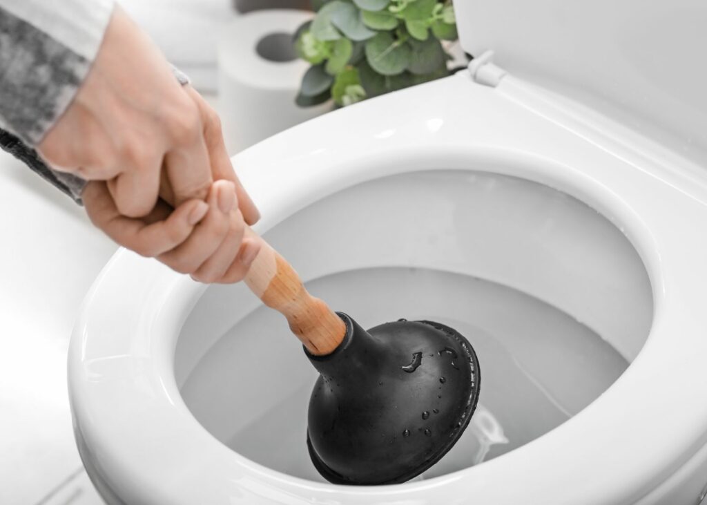 Man cleaning the toilet bowl with toilet plunger - How to Clean a Toilet Plunger
