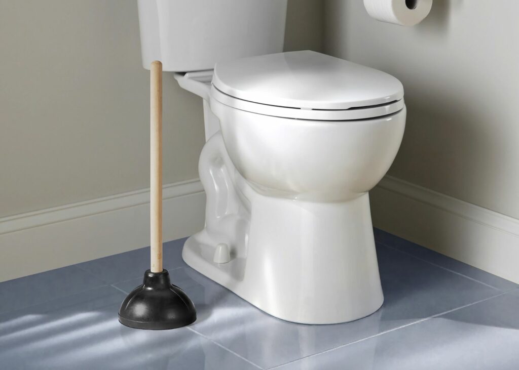 Toilet plunge beside toilet bowl in a bathroom - How to Clean a Toilet Plunger