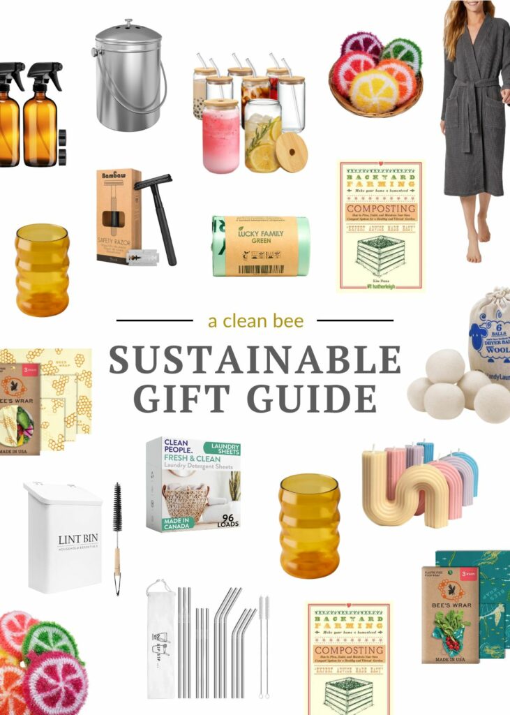 Sustainable gift items with text overlay acleanbee sustainable gift guide