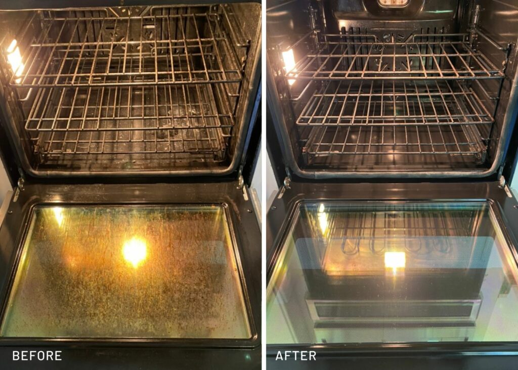 Homemade oven cleaner before and after using baking soda paste